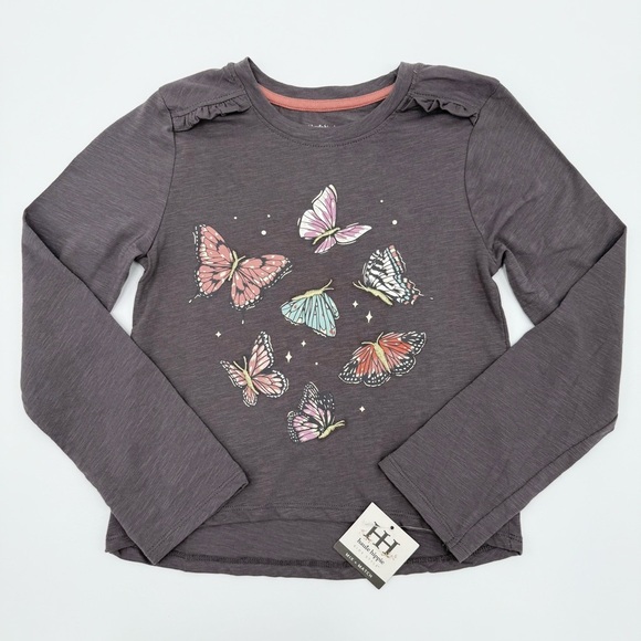 NWT Haute Hippie Girls Butterfly Shirt Ruffle Embroidered Gray Gold Large 10/12 - Picture 1 of 10